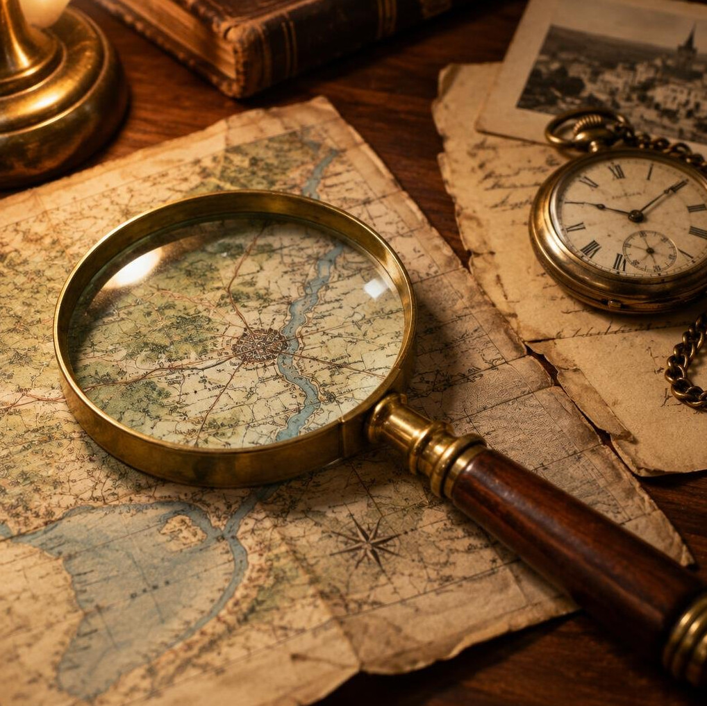 Magnifying glass over an old map and documents