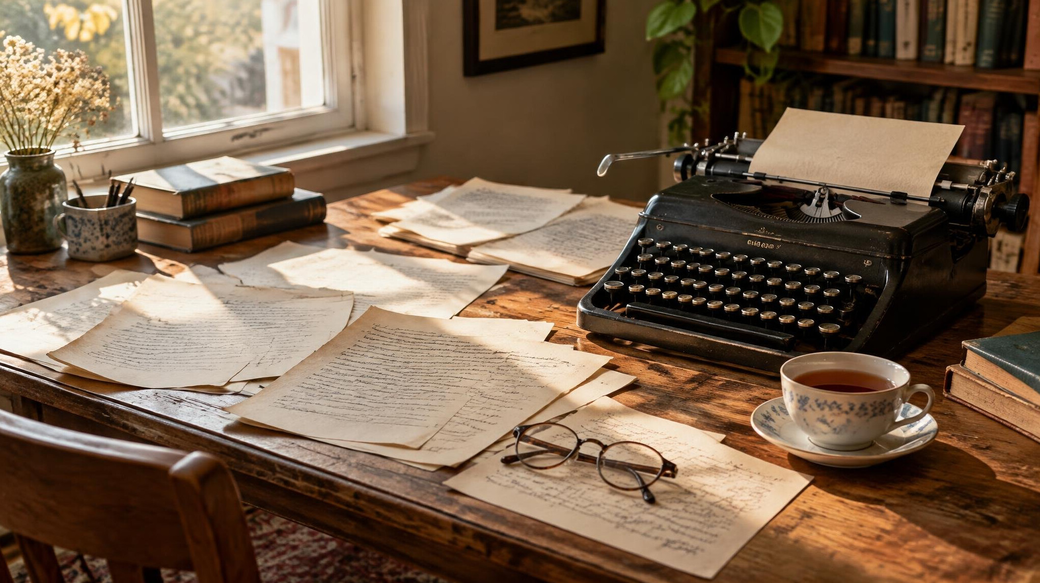 Writer's desk with scattered manuscript pages and a typewriter
