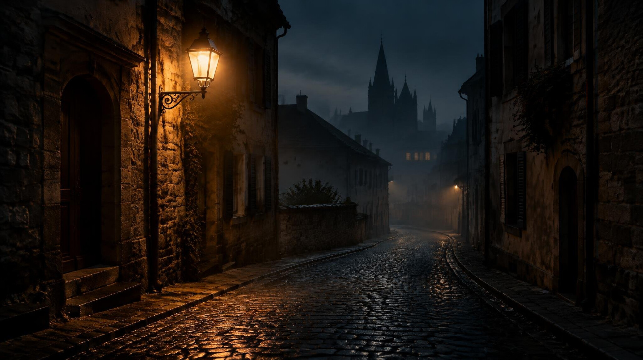 Dark cobblestone street at night with a single streetlamp