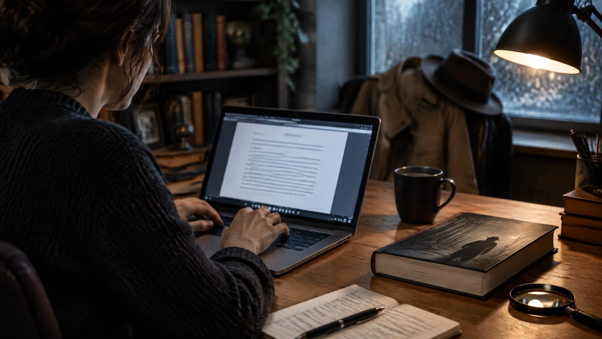 mystery writer at desk