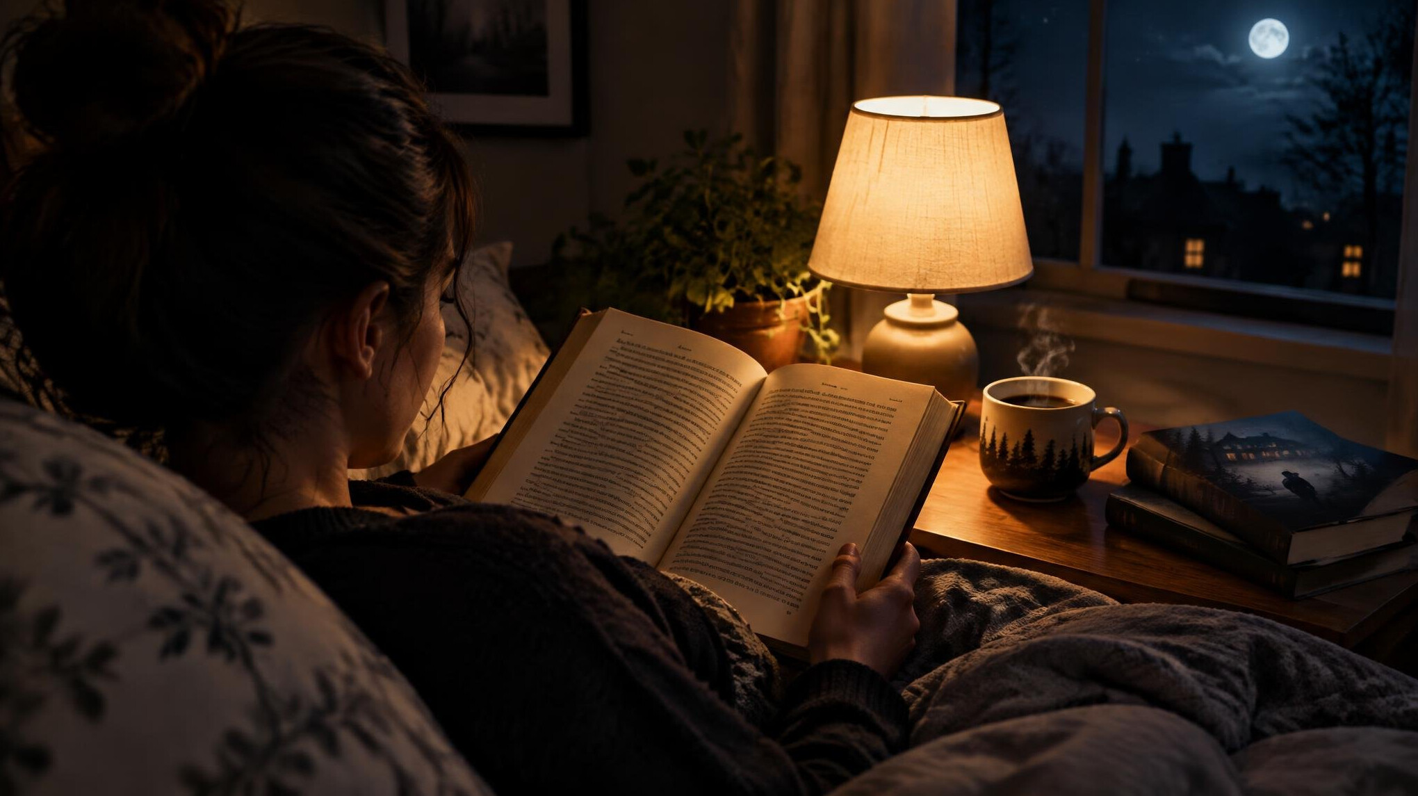 person reading in bed at night