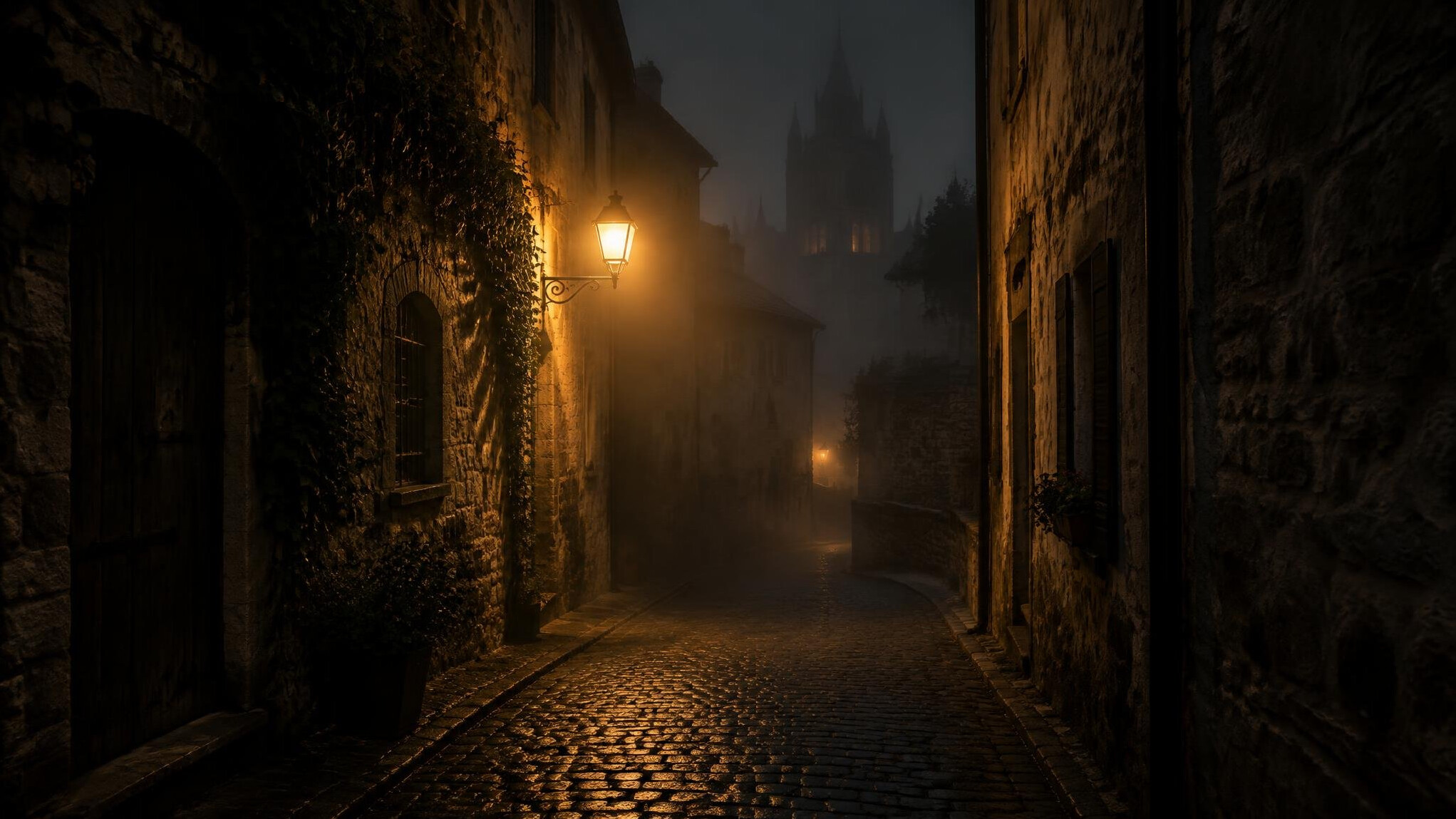 Foggy old town alley at night