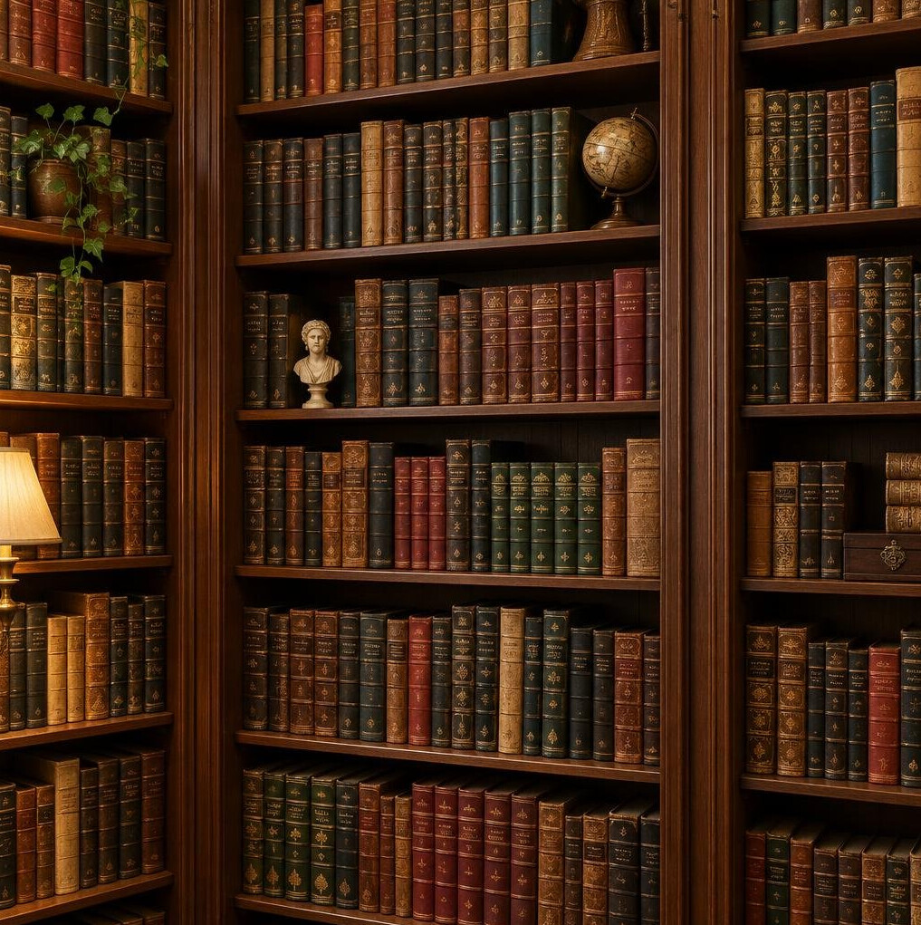 Tall old library bookshelves filled with books
