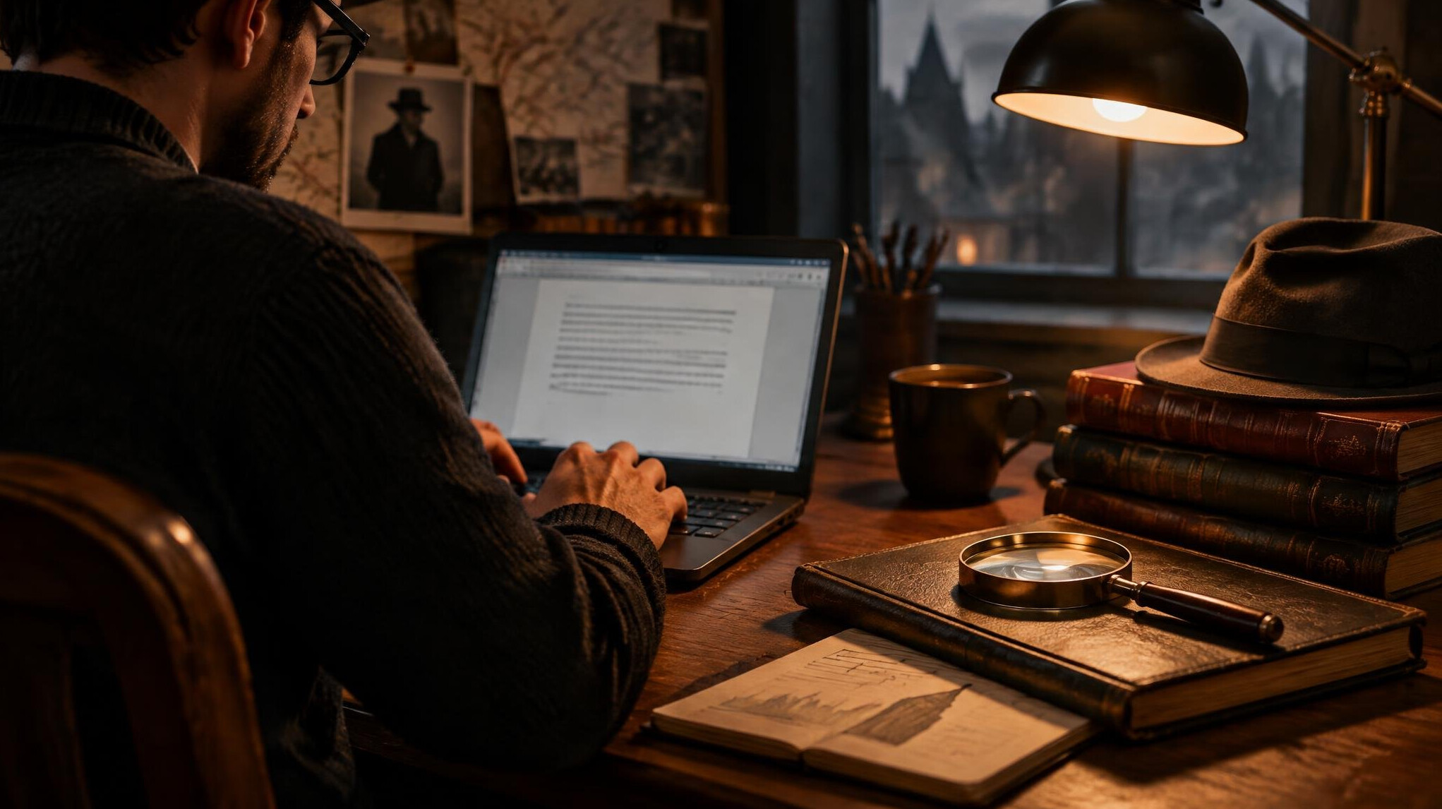 mystery writer at desk