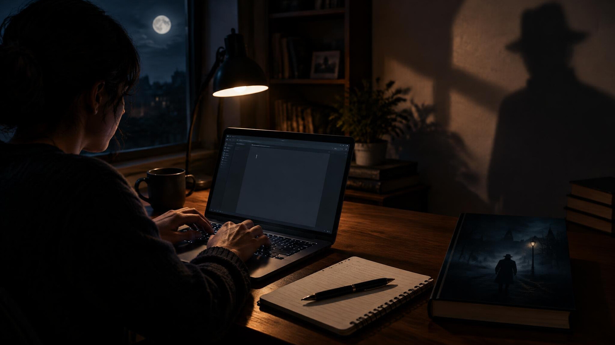 writer typing on laptop at night
